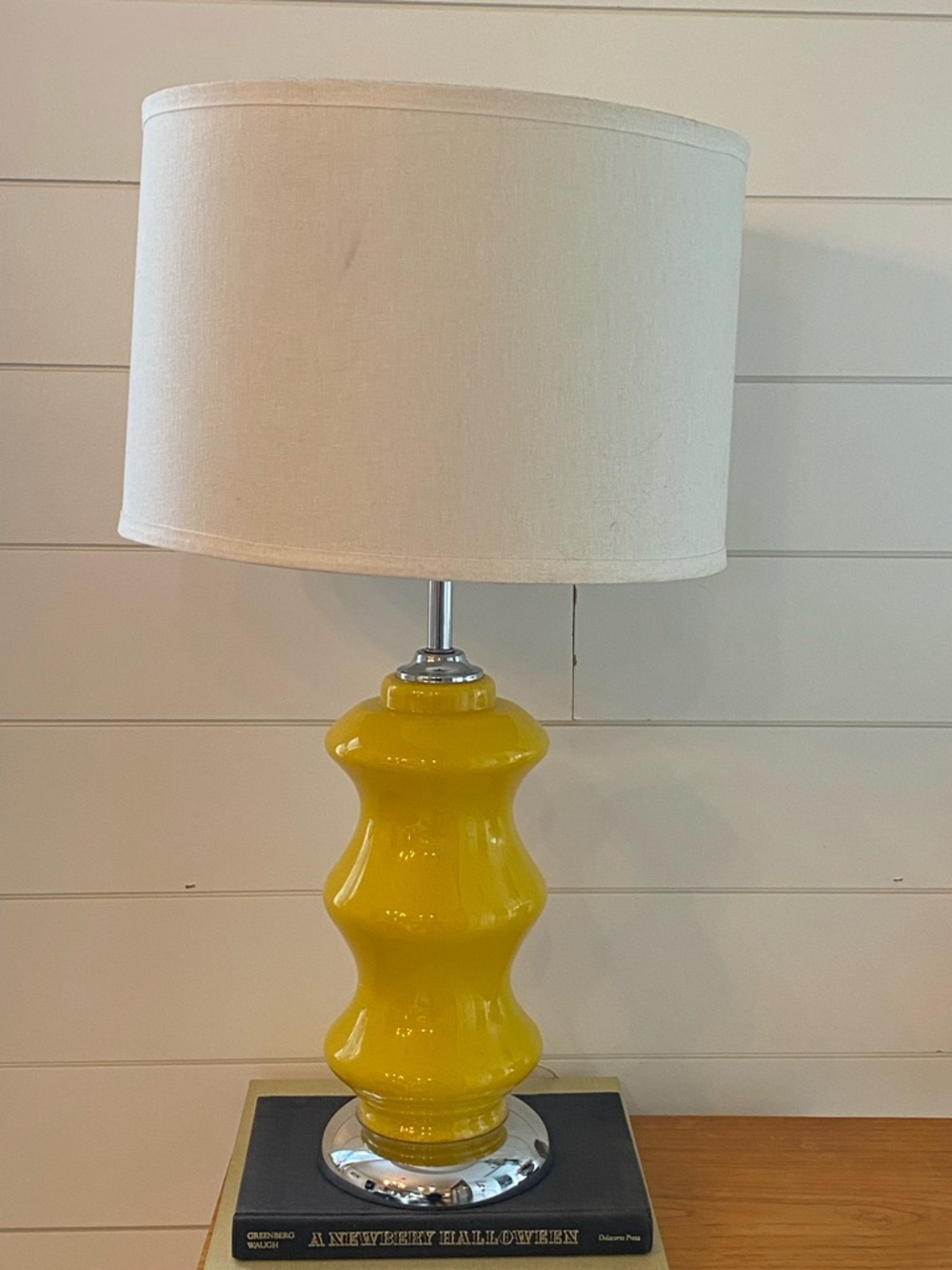 Vintage Yellow Triple Gourd Stacked Bubble Crackle Glass Chrome Table Lamp Retro